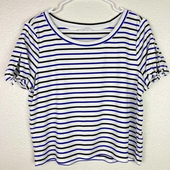 BB Dakota Striped Shirt Womens Medium Blue White Short Sleeves Boxy Crew Neck - Picture 1 of 8